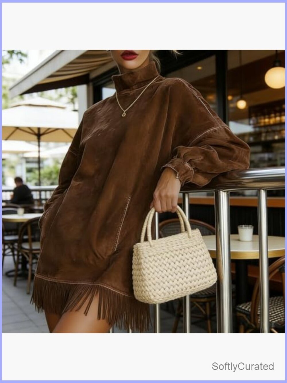 Faux Suede Fringe Mockneck Mini Dress Long Sleeve Loose Fit with Pockets - Picture 4 of 7